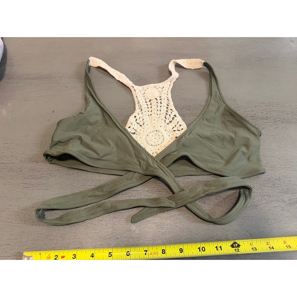 Olive Green Wrap Bikini Top Cream Crochet Racerback Boho Swim Top Large